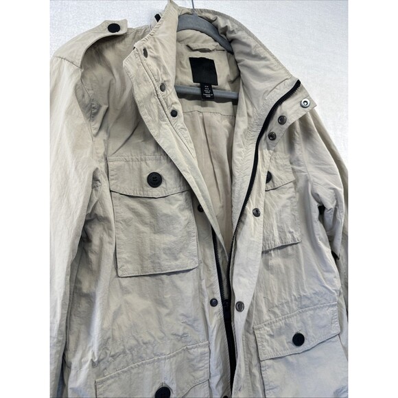 H&M Mens Coat Med Khaki Multi Pocket Button Jacket Hidden Hood Windbreaker *spot - Picture 2 of 15